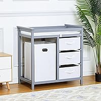Wooden Diaper Changing Table, Modern Baby Changing Table, Infant Diaper Changing Station Dresser with Laundry Hamper, 3 Storage Drawers, and Pad