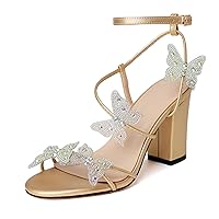Butterfly Heels Heeled Sandals Rhinestone Crystal Butterflies Heels Open Toe Chunky Block High Heels 3.5 Inch Women's Shoes