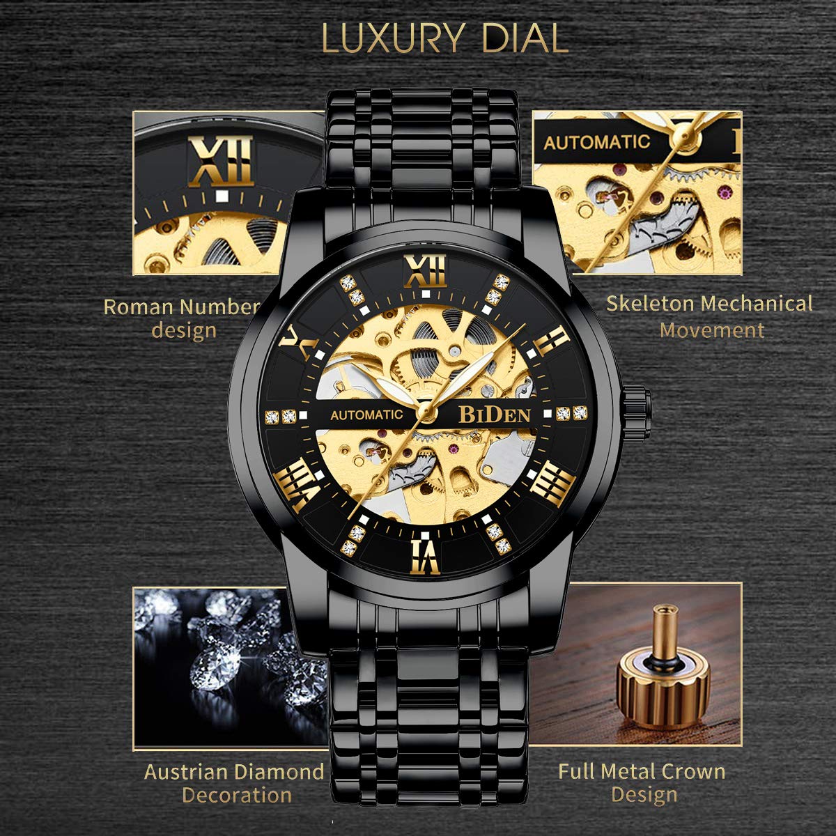 Mens Watches Mechanical Automatic Self-Winding Stainless Steel Skeleton Luxury Waterproof Diamond Dial Wrist Watches for Men