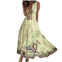 2024 Dresses for Women Casual Maxi Dress Sleeveless Faux Wrap V Neck Floral Print Fit and Flare Long Dresses