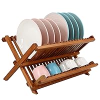 Teak Dish Drainer Rack Collapsible 2 Tier Dish Rack Dish Drying Rack Foldable Plate Organizer Holder for Kitchen Compact
