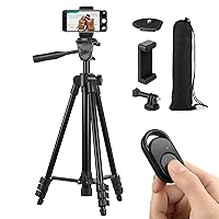 Camera Mount Phone Tripod Stand: 51-Inch 130cm Lightweight Travel Tripod for iPhone with Remote & Phone Holder & GoPro Adapter Compatible with iPhone & Android Cell Phone | Matte Black