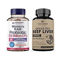 Wholesome Wellness Probiotics for Women 100 Billion CFUs with Prebiotics, Digestive Enzymes + Grass Fed Desiccated Beef Liver Capsules Bundle