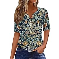 Ladies Tops and Blouses Summer Boho Floral Print V Neck Button Down Henley T-Shirt Grandma Shirt Short Sleeve Blouse