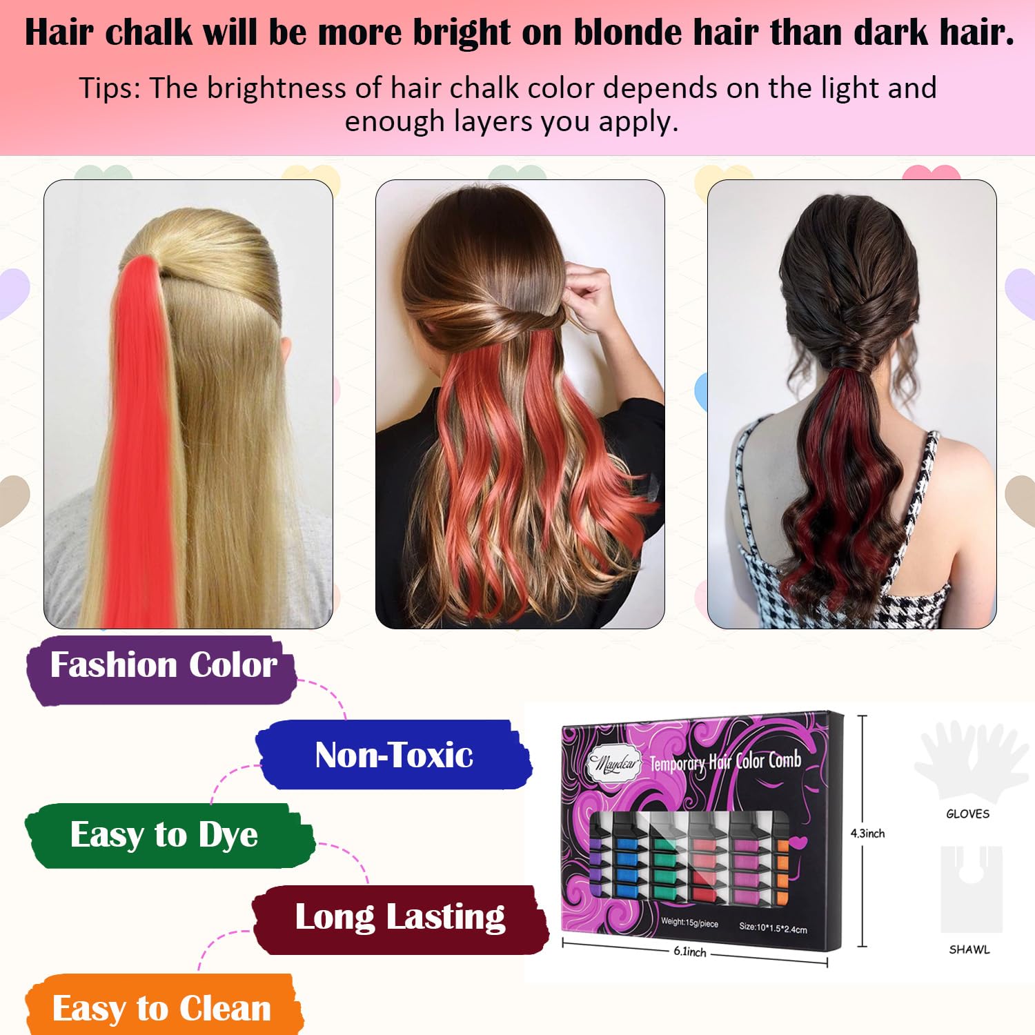 Maydear Hair Chalk Comb for Kids Girls, Temporary Hair Color Kit Non Toxic Washable Hair Dye for Age 4 5 6 7 8 9 10 11 12 Birthday Cosplay Halloween Christmas DIY (6 Colors Set)