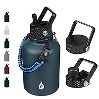 BJPKPK Insulated Water Bottles with Straw Lid,50oz Large Water Bottle,Stainless Steel Vacuum Water Bottle,Hot & Cold Insulated Water Bottles with 3 Lids and Paracord Handle,Navy Blue