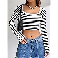 Women's T-Shirt Striped Print Scoop Neck Crop Tee T-Shirt for Women T-Shirt (Color : Black and White, Size : Small)