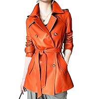 Women’s Orange Lapel Collar Double Breasted Belted Leather Trench Coat