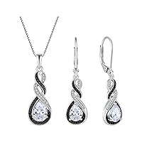Two Tone Black& White Infinity Pendant Necklace Earrings Women Jewelry Set with Cubic Zirconia
