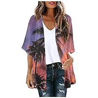 Women's Beach Coverups 2023 Printed Seven-Part Sleeve Cardigan Loose Blouse Casual Top Swimsuit Cover Up
