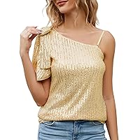 JASAMBAC Sparkly Sequin Tops for Women One Shoulder Slimming Sexy Asymmetrical Glitter Tops Sparkle Party Shirts