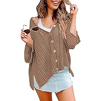 Pink Queen Women's Summer Crochet Sweater Cardigan Lightweight Long Kimono Sleeve Button Down Oversized Hollow Out Coverup