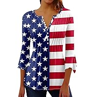 Tunic Tops for Women,Independence Day Crewneck Casual Blouse Buttons Pleated 3/4 Beach Hawaiian Shirt