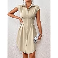 Dresses for Women - Solid Button Front Fold Pleated Detail Shirt Dress (Color : Apricot, Size : X-Small)