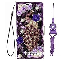 Sparkly Wallet Phone Case Compatible for Cricket Ovation with Glass Screen Protector,Bling Diamonds Leather Stand Wallet Phone Cover with Lanyards (Purple Peacock)