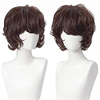 Probeauty Short Brown Wig for Adults, Bob Curly Wave Fluffy Synthetic Wig for Halloween Costume Cosplay Party