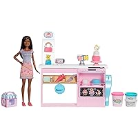 Cake Decorating Playset with Brunette Doll, Baking Island with Oven, Molding Dough & Toy Cake-Making Pieces