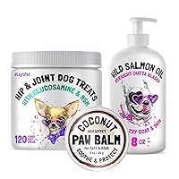 Hemp Hip & Joint Supplement for Dogs 120 Soft Chews and Wild Alaskan Salmon Oil for Dogs & Cats 8 oz and Paw Balm Wax Soother & Moisturizer Cream with Natural Food-Grade Coconut Oil Bundle