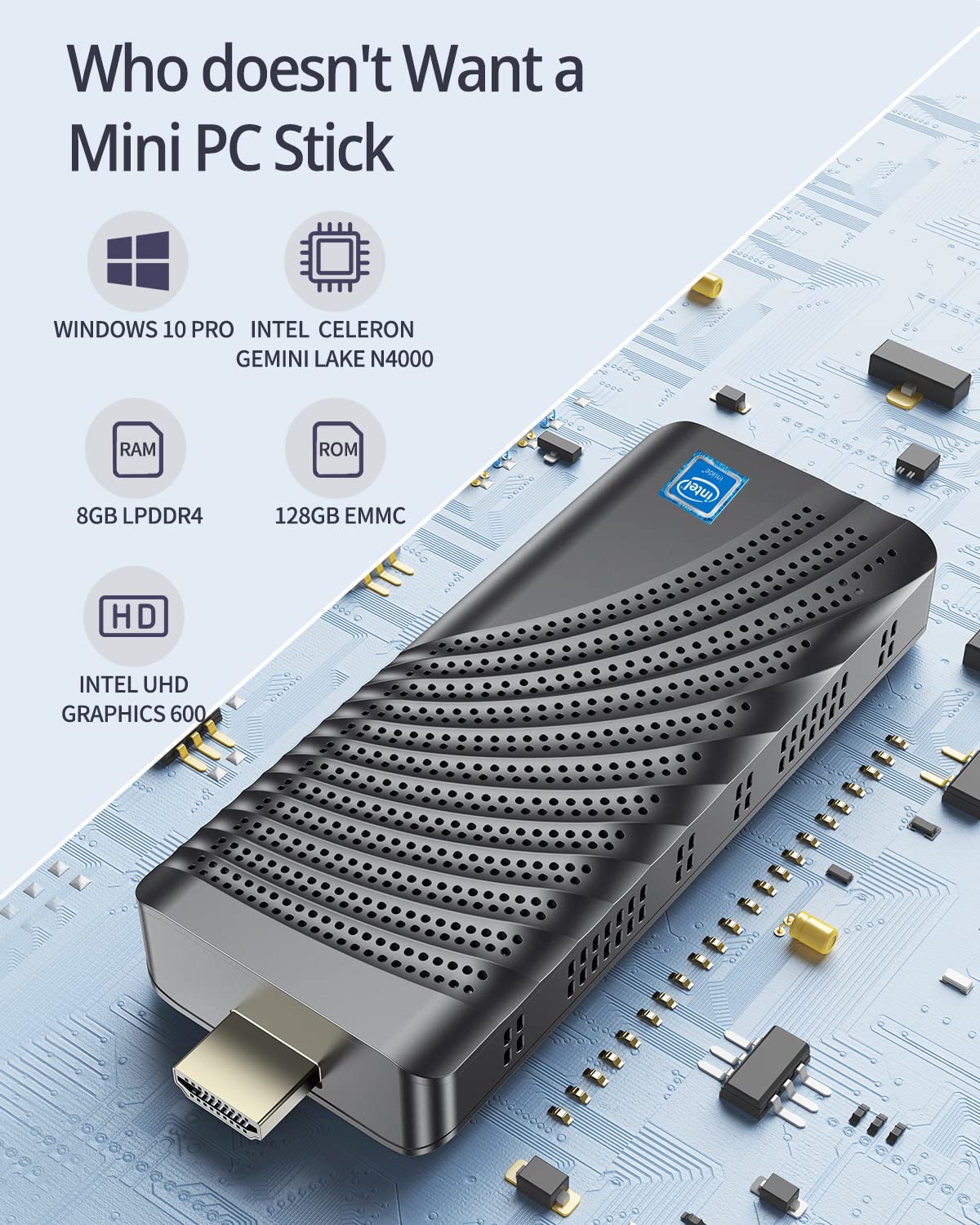 Mini PC Stick 8GB DDR4 128GB eMMC Intel Celeron N4000 (Up to 2.6GHz) Mini Computer Stick with Windows 10 Pro Supports 4K HDMI, 2.4G/5G WiFi, Bluetooth 4.2, Auto Power On, HTPC