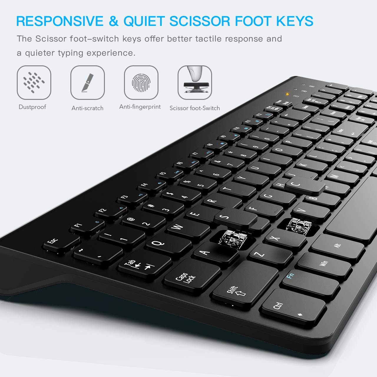 Wireless Keyboard Mouse Combo, WisFox 2.4GHz Slim Full Size Wireless Keyboard and Mouse Set with Number Pad and Nano Receiver for PC Laptop Windows, Quiet and Ergonomic (Black)