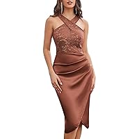 GRACE KARIN Women's Cocktail Dress Semi Formal Wedding Guest Lace Satin Halter Dresses for Evening Party