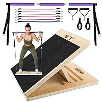 Professional Wooden Slant Board, Adjustable Incline Board and Calf Stretcher, Stretch Board,Multifunctional Yoga Pilates Bar Kit with Adjustment Buckle and Resistance Bands,Home Gym Resistance Bar Kit