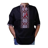 Vyshyvanka Mens Ukrainian Embroidered Shirt Handmade Black Linen Short Sleeve 3XL