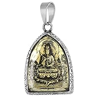 Stainless Steel Guan Shi Yin Pendant Necklace for Men Faceted Glass Cover Two Tone 1 1/2 inch