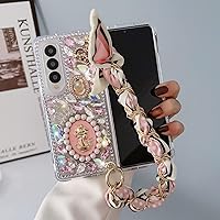 for Samsung Galaxy Z Fold 3 Bling Case with Hand Chain Wrist Strap Bracelet Silk Scarf for Girls Women Sparkle Rhinestone Pearl Crystal Glitter Diamond Shockproof Cover for Galaxy Z Fold 3 Pink