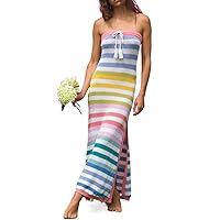 Yuemengxuan Wedding Guest Dresses for Women Sleeveless Cut Out Stripes Knit Tube Formal Maxi Dress Y2k Summer Bodycon Dresses