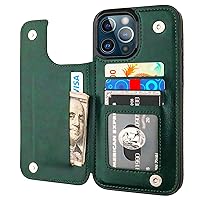 Compatible with iPhone 13 Pro Max Wallet Case with Card Holder,PU Leather Kickstand Card Slots Case, Double Magnetic Clasp and Durable Shockproof Cover 6.7 Inch(Green)