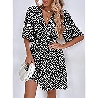 Summer Dresses for Women 2022 Allover Print Butterfly Sleeve Belted Dress Dresses for Women (Color : Black and White, Size : X-Small)