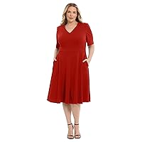 Donna Morgan Women's Plus Size Stretch Crepe Elbow Sleeve V-Neck Fit and Flare Midi Dress
