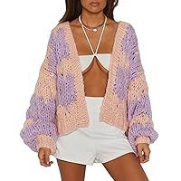 Women Girl Floral Long Sleeve V Neck Open Front Cardigan Button Down Knit Loose Sweater Vintage Aesthetic Outerwear