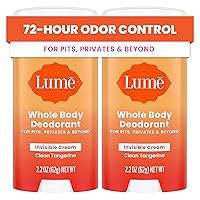 Lume Whole Body Deodorant - Invisible Cream Stick - 72 Hour Odor Control - Aluminum Free, Baking Soda Free, Skin Safe - 2.2 Ounce (Pack of 2) (Clean Tangerine)