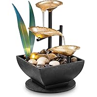 Tabletop Fountain Indoor Fountain 3-Tier Indoor Golden Lotus Leaf Relaxation Fountains Tabletop Waterfall, Office Home Decor Including Lots of Natural River Rocks and Scene Light
