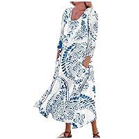 Summer Dresses for Women 2024,Ladies Round Neck Casual Floral Print Dress Three Quarter Sleeve Slim Fit Dress with Pockets