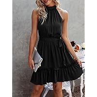 Summer Dresses for Women 2022 Solid Tie Back Belted Dress (Color : Black, Size : XL)