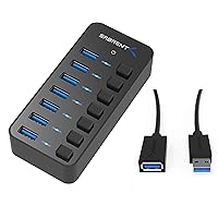 7 Port USB 3.0 Hub with Individual Power Switches and LEDs Includes 36W 12V/3A Power Adapter+USB 3.0 Extension Cable A Male to A Female [Black] 6 Feet