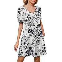 A Line Mini Dress, Women's Casual Dresses Puff Short Sleeve V Neck Cocktail with Pockets Lounge for Women Sun 2024