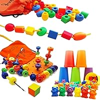 Skoolzy Rainbow Lacing Beads Counting Bears and Peg Board 139 Pieces Bundle - Shape and Color Recognition Montessori Toys Occupational Therapy Toddler Activities Edcuational Toys for Kids 4+