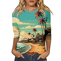 Women's Summer 3/4 Sleeve Shirt Round Neck Tops Casual Pullover Beach Printed Floral Gradient Shirt 2024