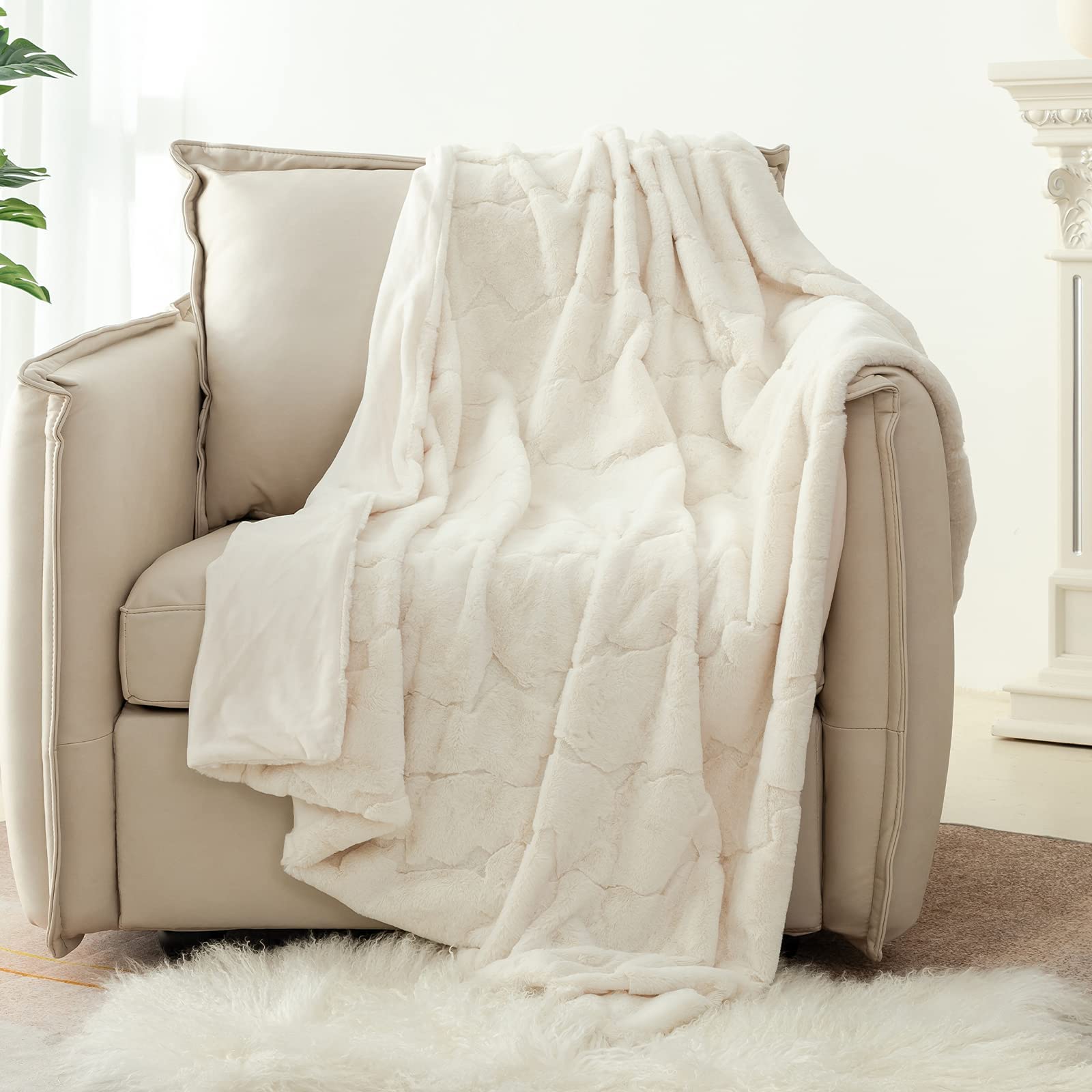 Snuggle Sac Faux Fur Blanket Marble Throw Blanket for Couch Fluffy Soft and Luxury, 50" x 60" (A-White)