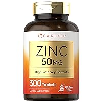 Carlyle Zinc 50mg | 300 Tablets | Vegetarian, Non-GMO, and Gluten Free Supplement | Zinc Gluconate | High Potency Formula
