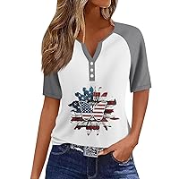 Women Patriotic Tops 4th of July Shirts Women 2024 USA Print Casual Raglan Fashion Loose with Short Sleeve Henry Collar Blouses Gray Large