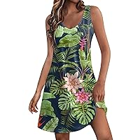 Sexy Plus Size Short Print Tank Dress 2024 Sleeveless Summer Dresses for Women UK Loose Boho Floral Beach Dress Smocked Off Shoulder T Shirt Dresses Size S M L XL 2XL 3XL