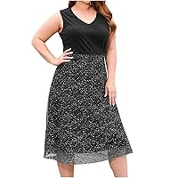 Women's Plus Size V Neck Sleeveless Contrast Mesh Sequin Evening Midi Dress Bridesmaid Wedding Guest Cocktail Dresses