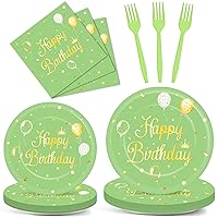 25 Guests Sage Green Birthday Party Supplies Olive Green Gold Paper Plates Napkins Forks Tableware Set Disposable Greenery Happy Birthday Party Decorations for Women Men Girls Boys Birthday Favors