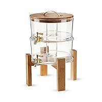 Twine Glass Carafe, Collapsible Wood Stand, Bronze Spigot, Beverage Service, 2.5 Gallons, Set of 1, Clear Outdoor Double Dispenser