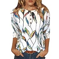 Womens Tops Casual 3/4 Sleeve Shirts Crew Neck Loose Casual Blouses Floral Print Tshirts